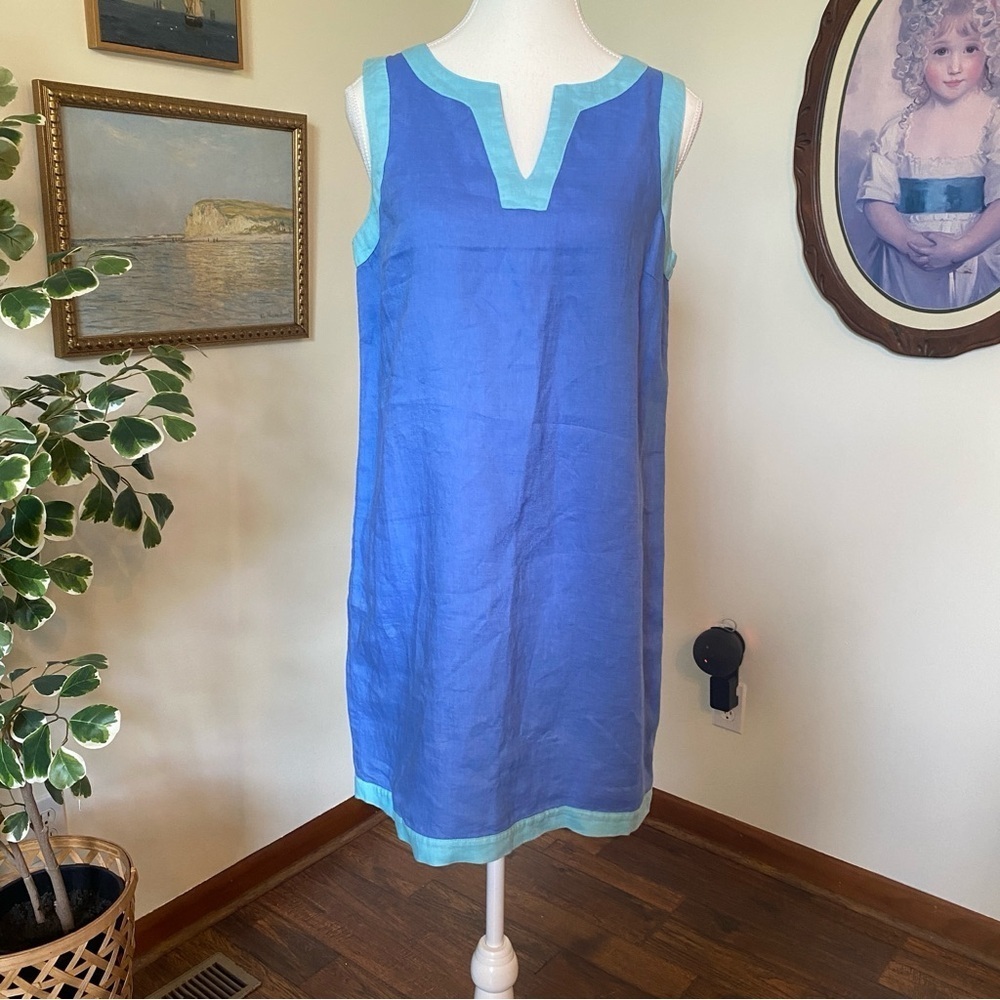 Sigrid Olsen • 100% Linen Periwinkle Sleeveless Dress w/ Mint Green Trim • Sz S